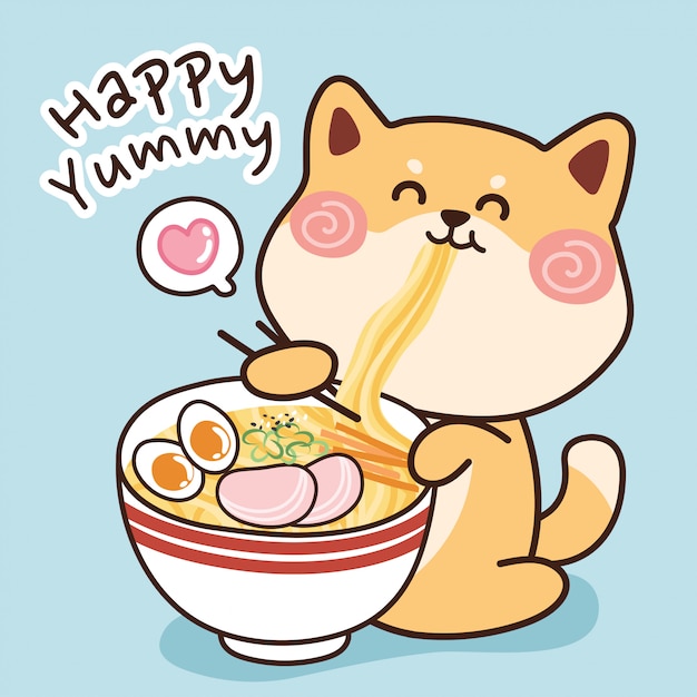 Shiba inu-hond die ramen eet