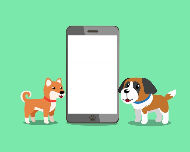 Shiba inu hond en saint bernard hond met smartphone