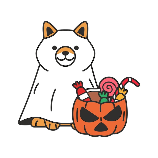 Shiba Inu in Halloween-kostuum met snoep en pompoen vectorillustratie