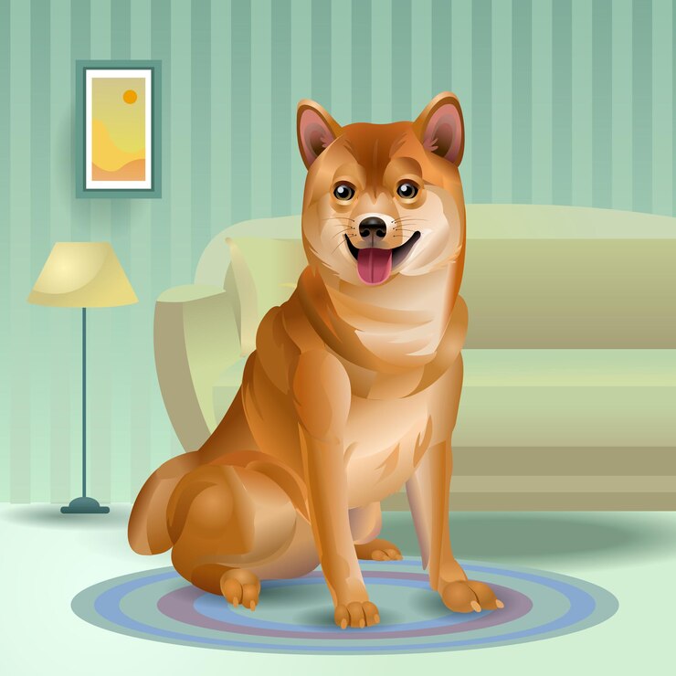 Vector shiba inu는 카펫에 앉아 있습니다. 집에서 일본 개