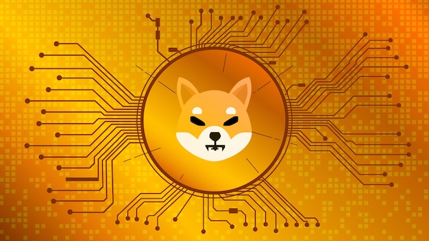 Shiba inu shib cryptocurrency token symbool van het defi-project in cirkel met pcb-tracks op gouden achtergrond. valuta icoon. gedecentraliseerde financieringsprogramma's. vectoreps10.