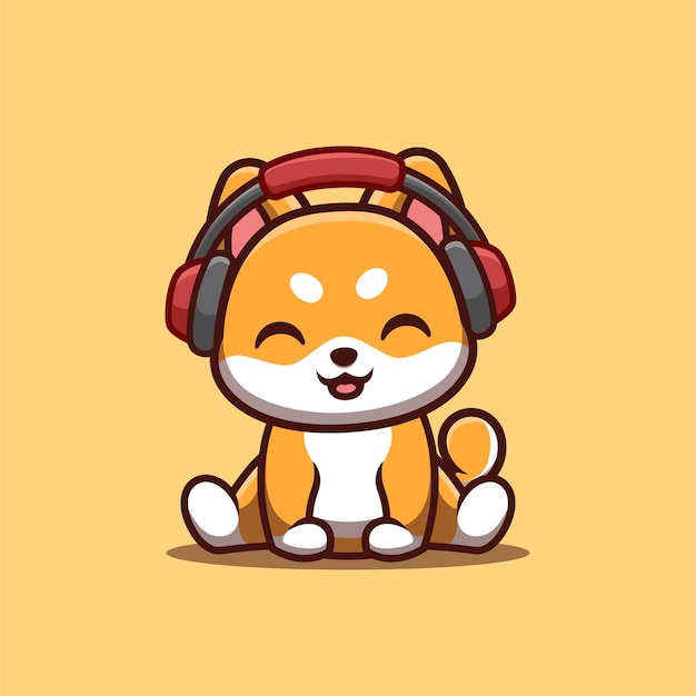 Shiba Inu Sitting Hearing Music Cute Creative Kawaii Cartoon Mascot Logo