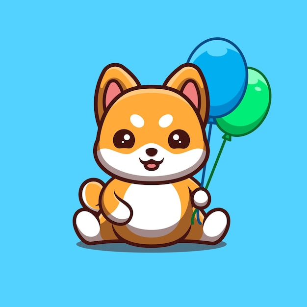 Shiba Inu Sitting Hold Balloon Cute Creative Kawaii Cartoon Mascot Logo