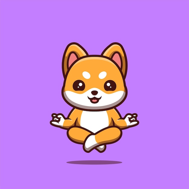 Shiba Inu 앉아 명상 귀여운 크리에이 티브 Kawaii 만화 마스코트 로고