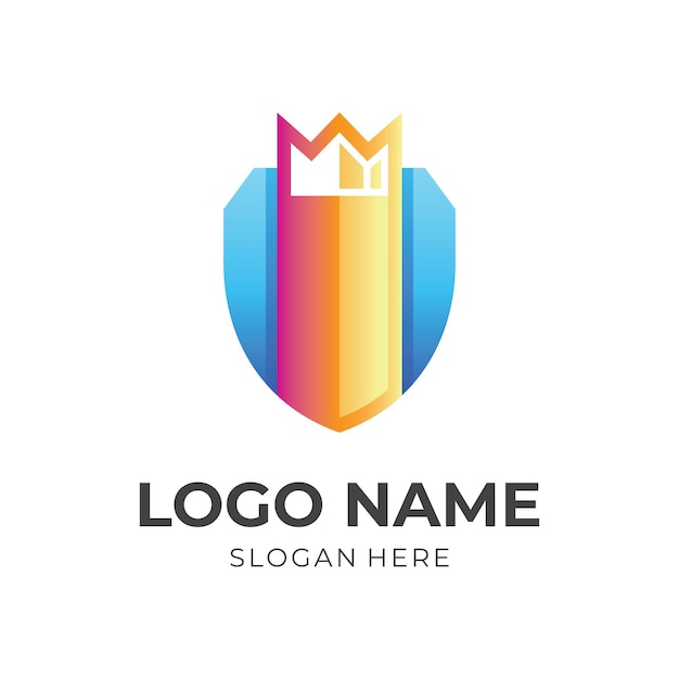 Дизайн логотипа щита и короны, 3d красочные иконки