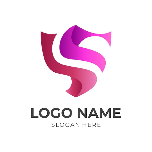 Shield, combination logo with 3d red and pink color style