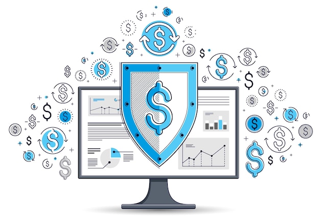 컴퓨터 모니터와 달러 아이콘 세트, 인터넷 금융 보안 개념, 온라인 금융 보호, 벡터 플랫 얇은 라인 디자인, 요소를 별도로 사용할 수 있습니다.