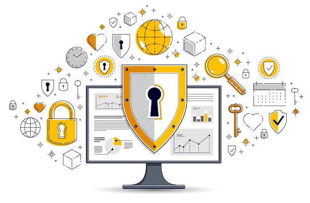 Shield over computer monitor and set of icons, private data security concept, antivirus or firewall, finance protection, vector flat thin line design, elements can be used separately.