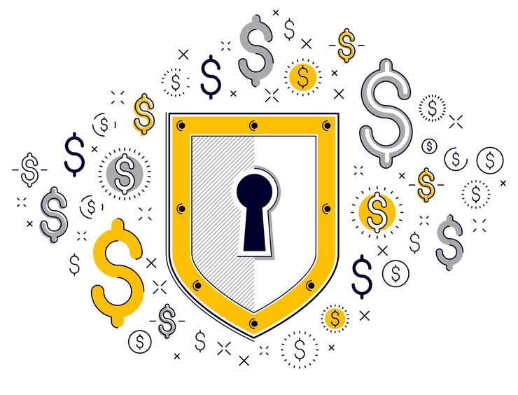 Vector shield and dollar set of icons, financial security concept, armor business defender, finance protection, vector flat thin line design, elements can be used separately.