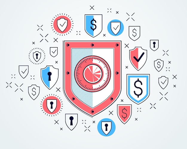 Shield and dollar set of icons, financial security concept, armor business defender, finance protection, vector flat thin line design, elements can be used separately.