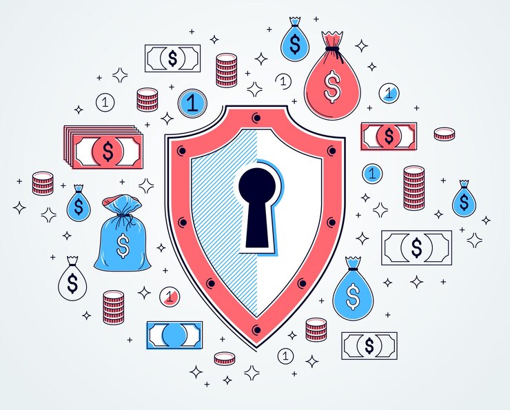 Vector shield and dollar set of icons, financial security concept, armor business defender, finance protection, vector flat thin line design, elements can be used separately.