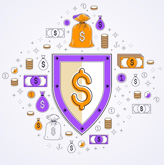 Shield and dollar set of icons, financial security concept, armor business defender, finance protection, vector flat thin line design, elements can be used separately.