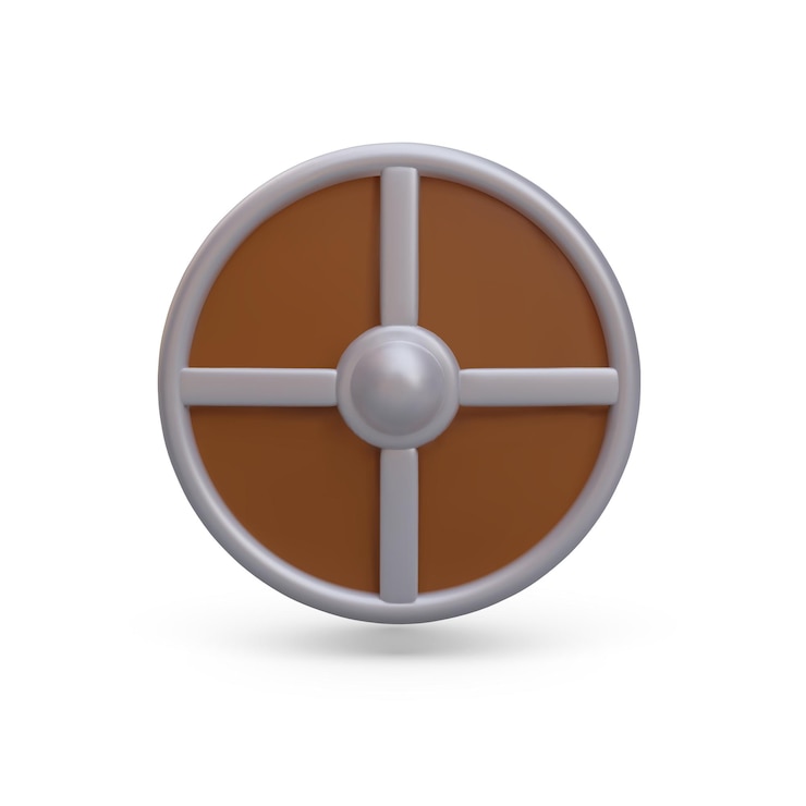 Vector shield equipment knight competitions concept front view of round brown disk with metal elements