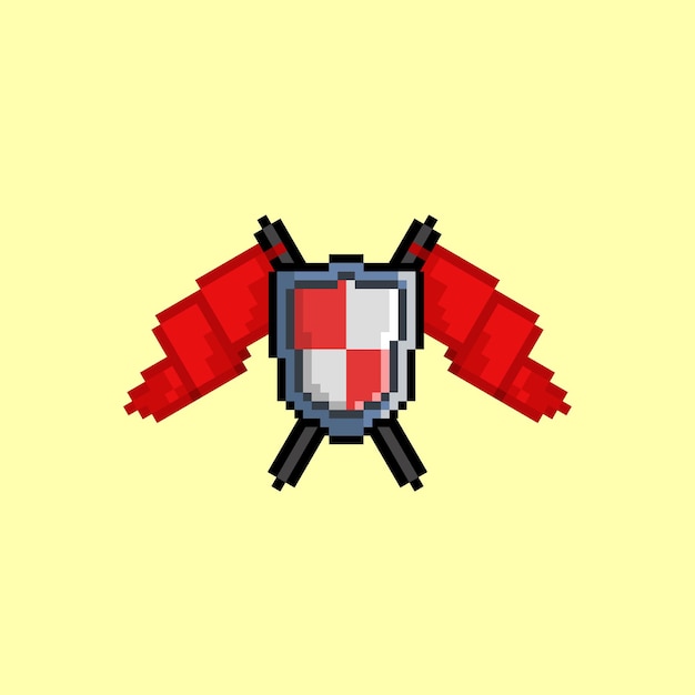 shield and flag with pixel art style