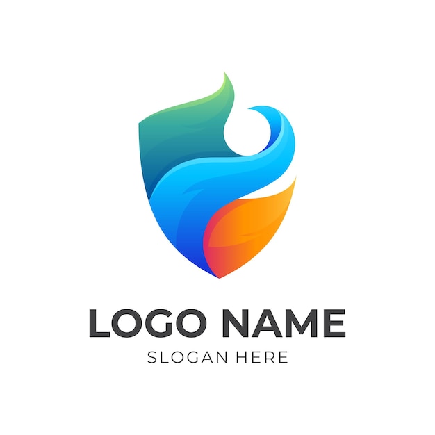 Shield flame logo template, shield and fire, combination logo with 3d colorful style