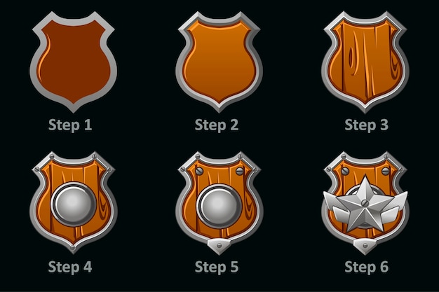 Vector shield icons. step-by-step drawing of wooden military protective shield