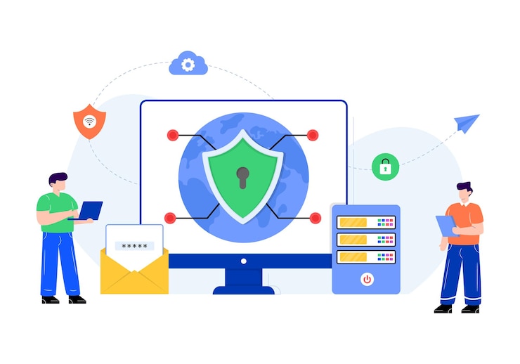 Vector shield inside monitor symbolizing flat illustration of network security