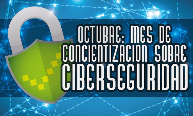 Shield like padlock with pixelated check symbol and linked lines for Cybersecurity Awareness Month