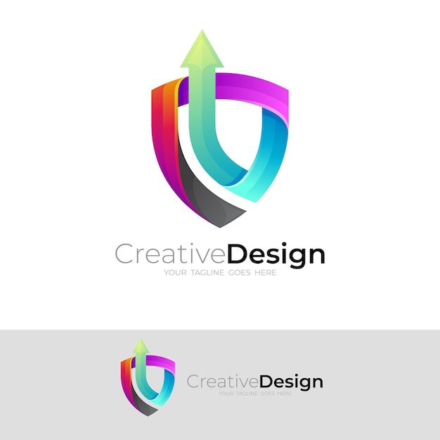 Комбинация дизайна логотипа щита и стрелки, 3d красочный