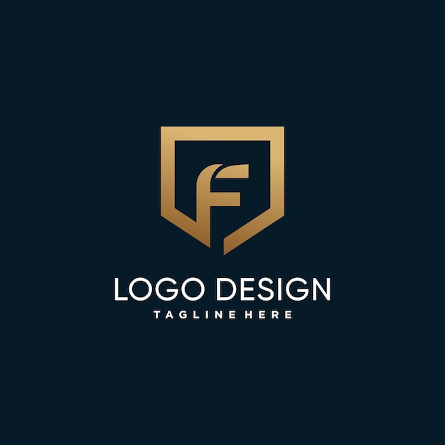 Shield logo design with golden letter F concept