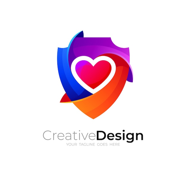 Shield logo design with love, 3d colorful