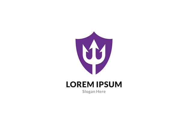 Shield logo with trident shape in purple color flat design