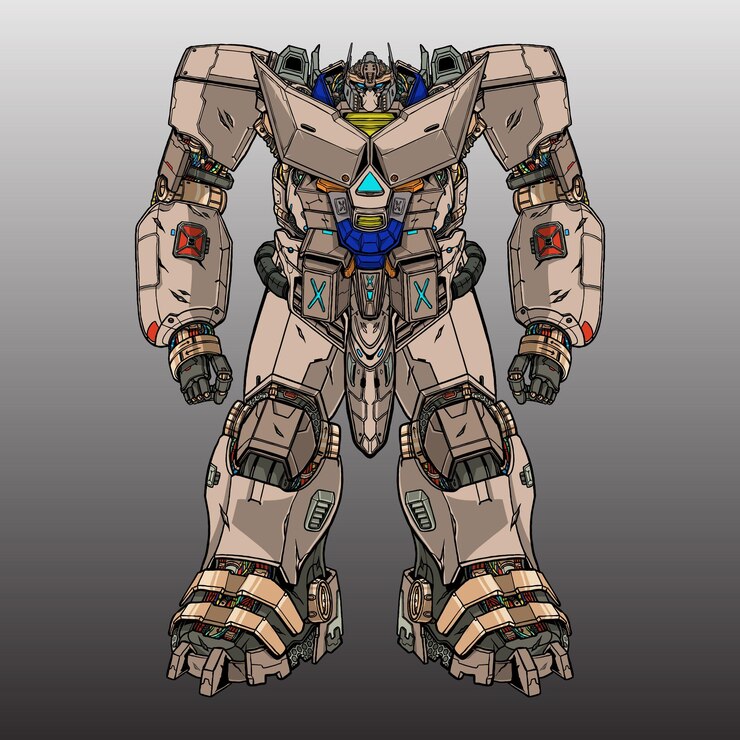Vector shield mecha robot builded by head arm body leg weapon illustration premium vector