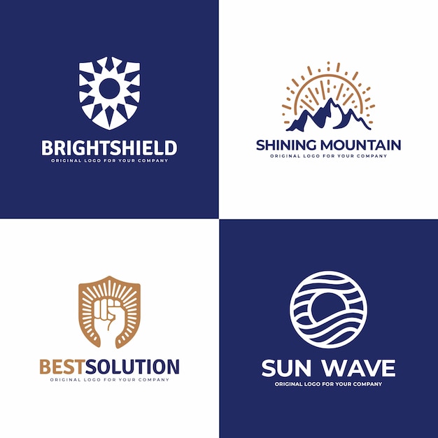 Shield, mountain, sun, strong hand, wave logo design collection.