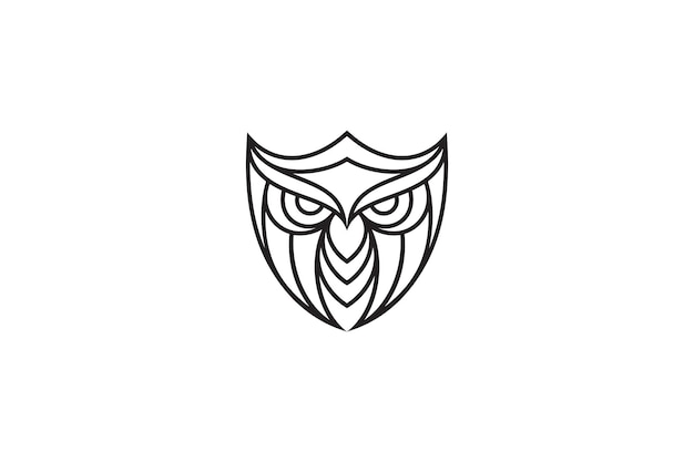 盾のフクロウのロゴ 単一行のロゴデザインスタイルで盾の形をしたフクロウの頭