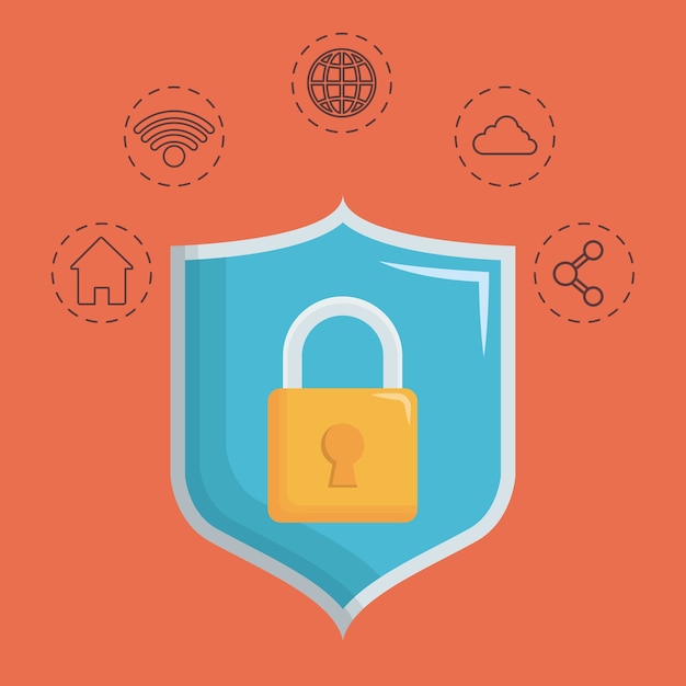 shield and padlock with data center related icons