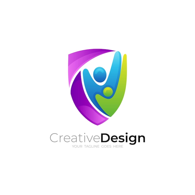 Vector shield and people design combination security logos 3d colorful
