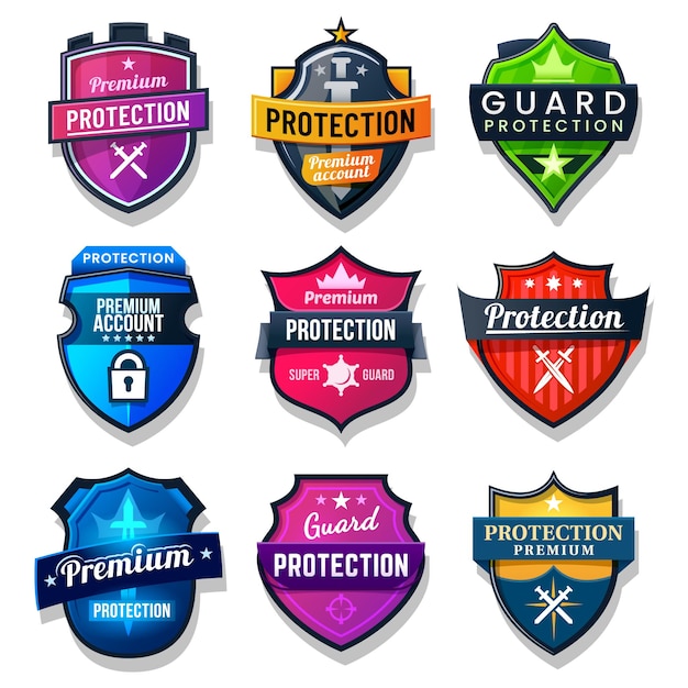 シールド保護、セキュリティおよび安全バッジの標識。インターネットおよびwebオンラインの個人データ保護、剣と星によるウイルス対策シールド。
