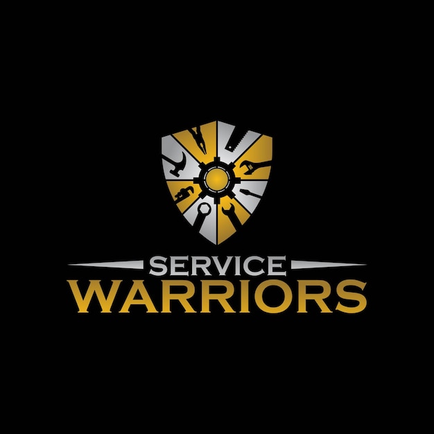 Shield service warrior logo illustration with complete tools