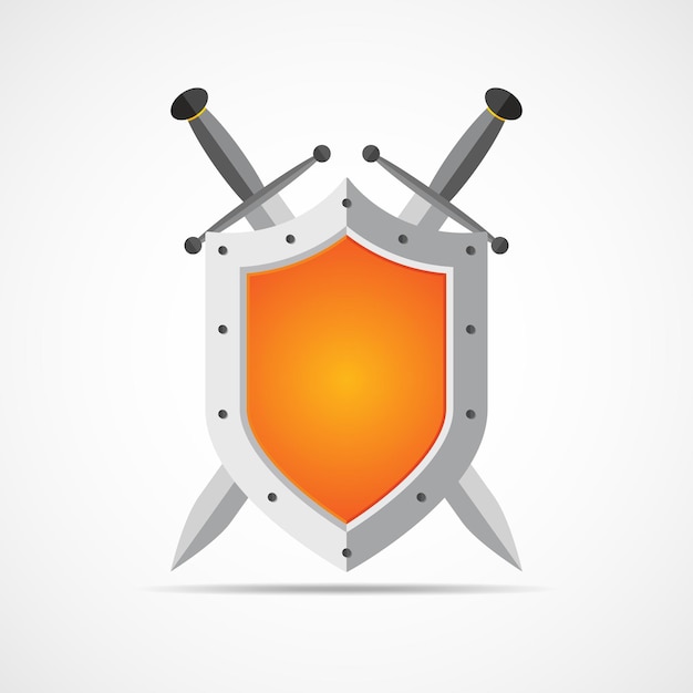 Shield and swords in flat design. Orange shield and swords icon isolated. Vector illustration.