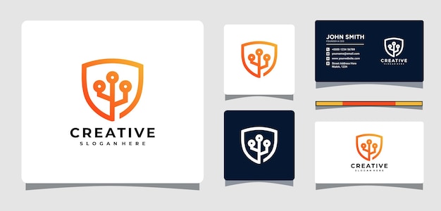 Shield Technology Logo Template With Business Card Design Inspiration