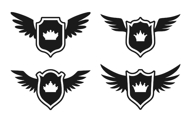 Vector shield wing crown emblem badge black glyph set