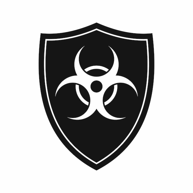 Vettore scudo con un'icona di segnale di pericolo biologico in stile semplice isolato su sfondo bianco