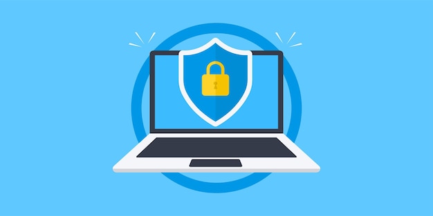 Shield with lock on laptop. Concept with data protection for computer vector illustration.