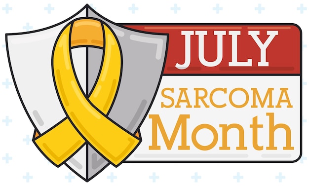 Shield with yellow ribbon and calendar promoting Sarcoma celebratory month in July