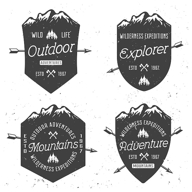 Shields with mountains set of four vector vintage badges