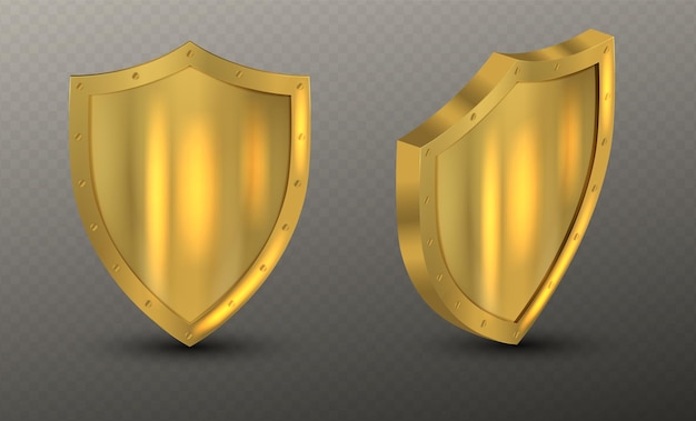 Vector shields with reflection in shiny gold frames set realistic isolated golden trophy d luxury safety