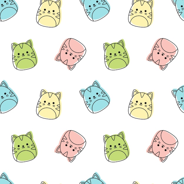 Vector shildish pattern with cats line art squishmallow cute cat kawaii vector