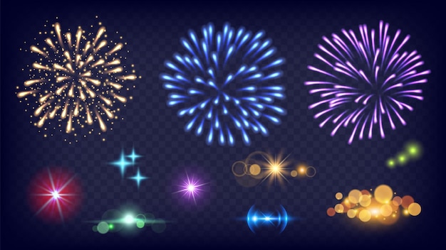 Shine fireworks. Glow splashes, realistic fire festive lights. New year night sparkles elements vector set. Splash light glow, sparkle and explosion illustration