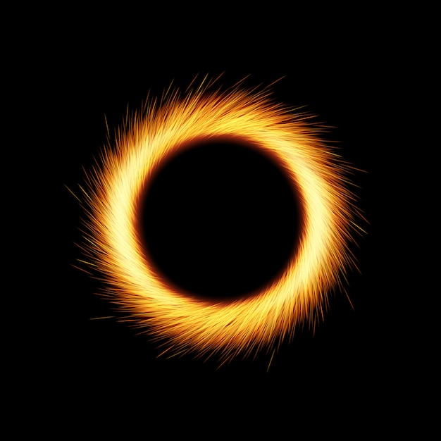 Vector shining circle with orange sparkles and glowing lights on black background