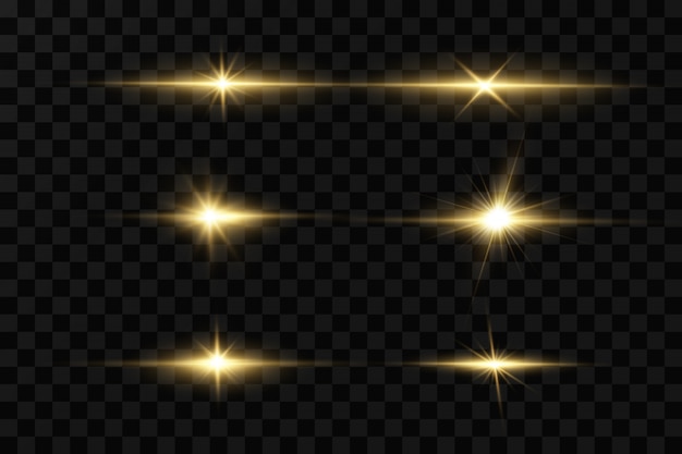 黒の背景に輝く黄金の星。エフェクト、グレア、ライン、グリッター、爆発、黄金色の光。図