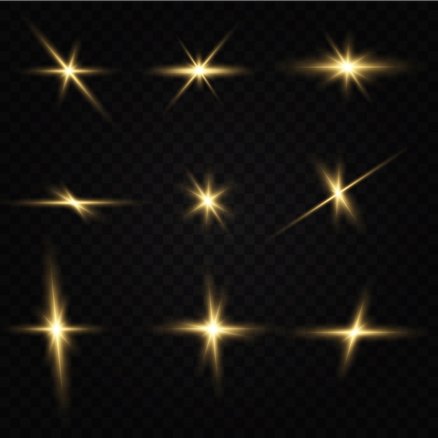 Shining golden stars isolated on black background. Effects, glare, lines, glitter, explosion, golden light.  illustration.