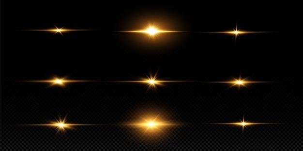 黒の背景に分離された輝く黄金の星。エフェクト、グレア、ライン、グリッター、爆発、黄金色の光。ベクトルイラスト