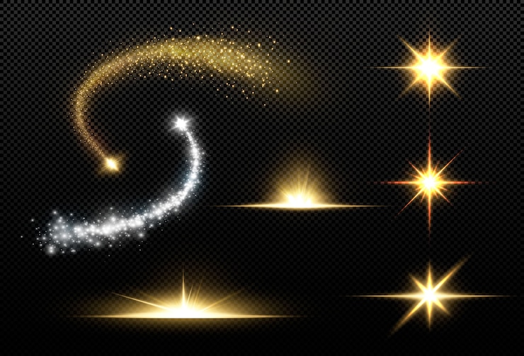 Vector shining golden stars isolated on black background.