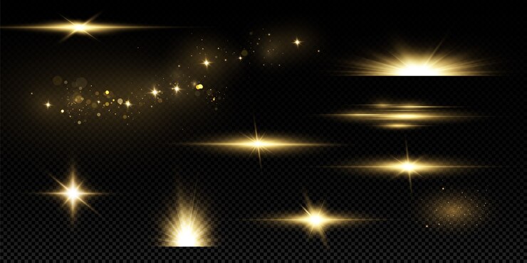 Shining golden stars isolated. Effects, glare, lines, glitter, explosion, golden light.