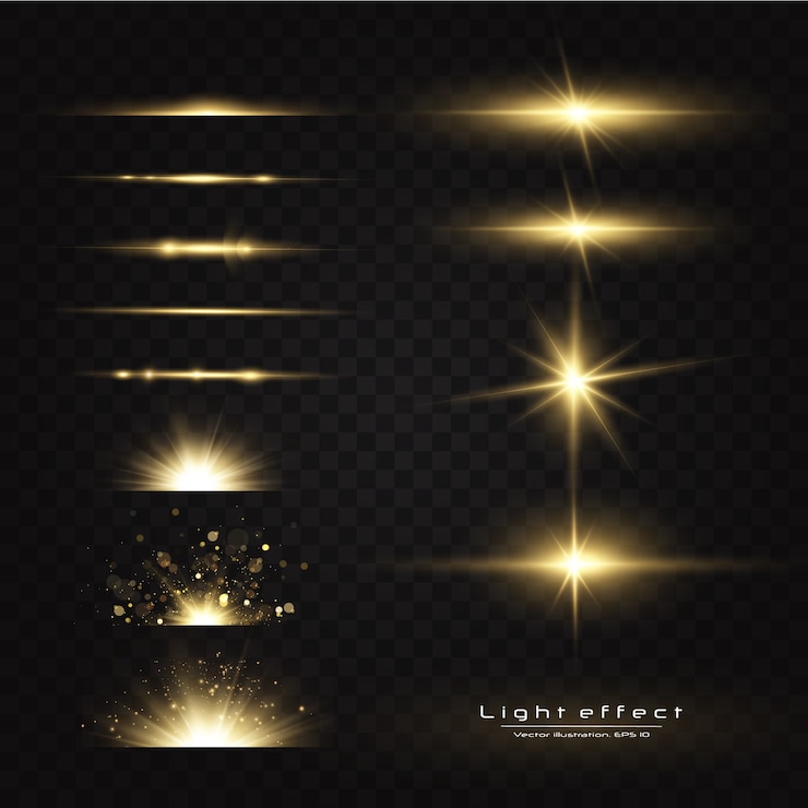 Shining golden stars isolated. Effects, glare, lines, glitter, explosion,light